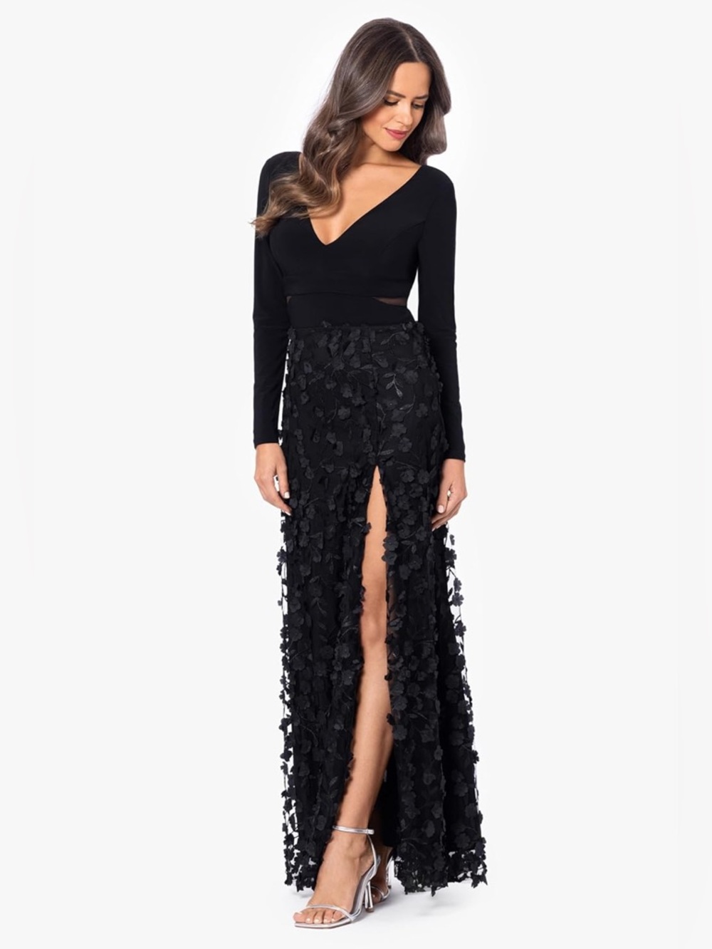 Xscape Black 3D Floral Mesh Maxi Gown Long Sleeve Formal Evening Dress Size 2